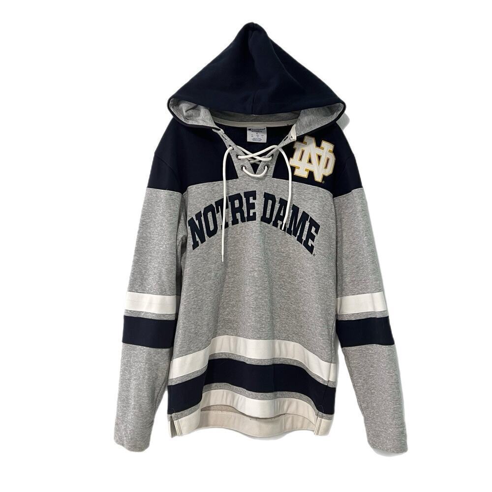 Champion Notre Dame Hoodie Sweatshirt Men's Small Blue Gray Patches